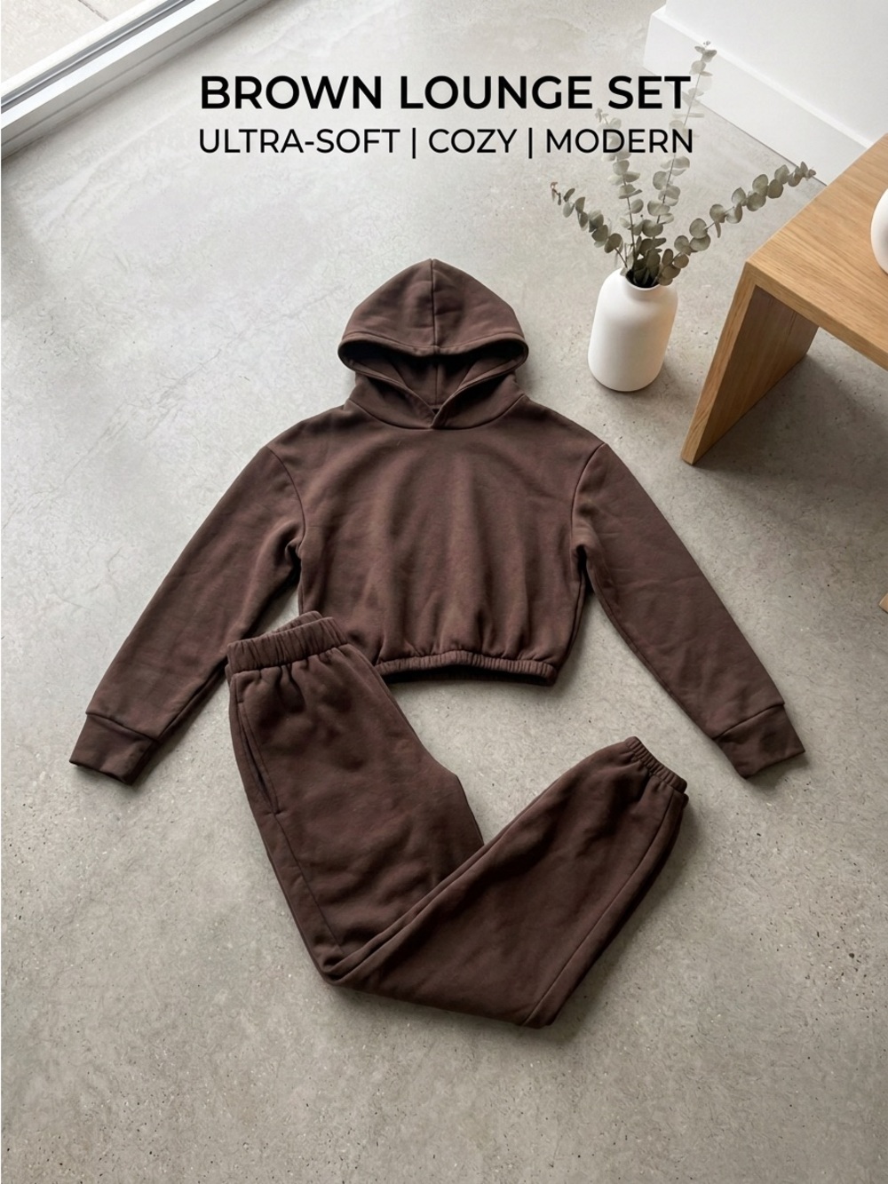 Brown Lounge Set Womens Small Cropped Hoodie Sweatpants Sweatsuit EUC Chocolate